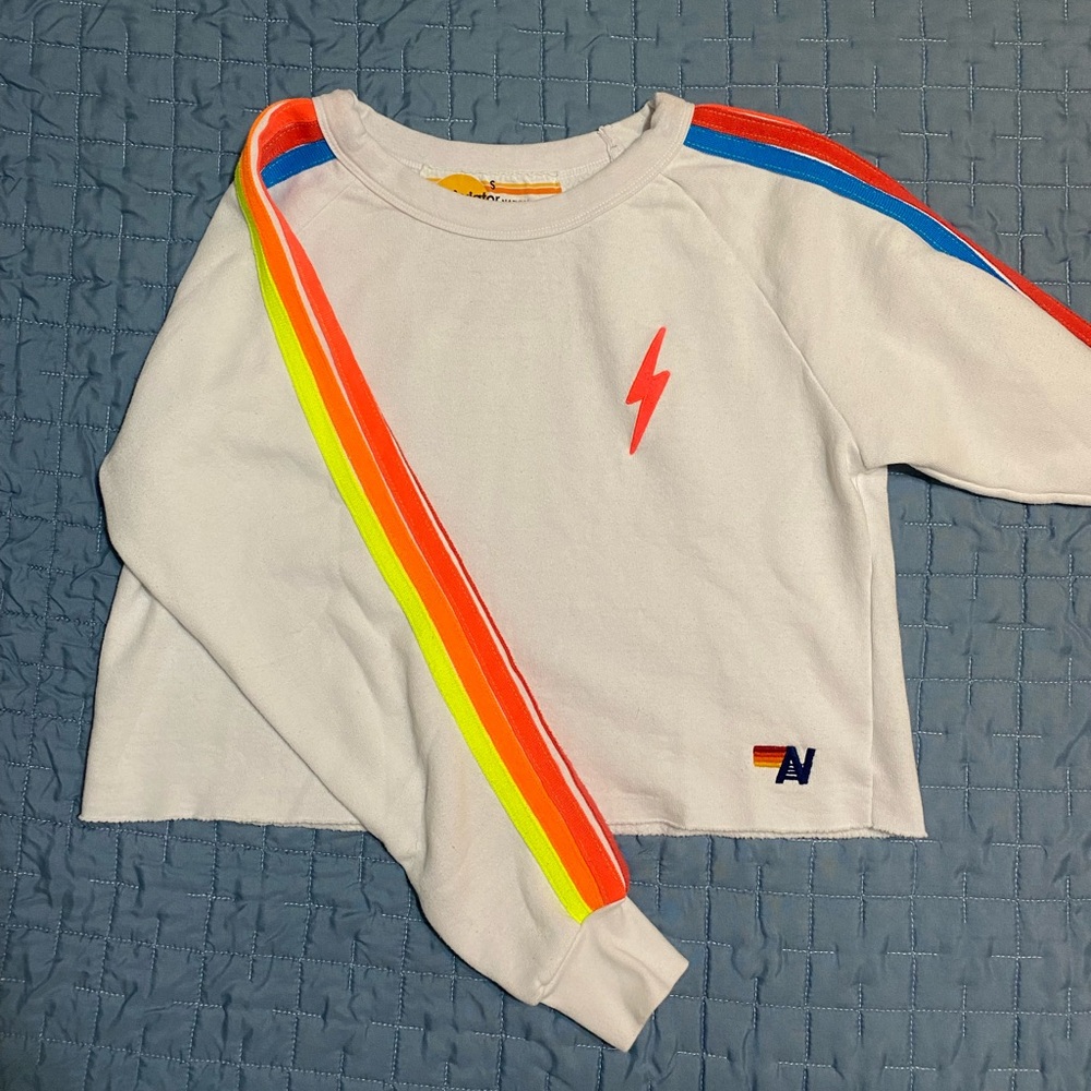Aviator nation cropped pullover with neon coral and rainbow details